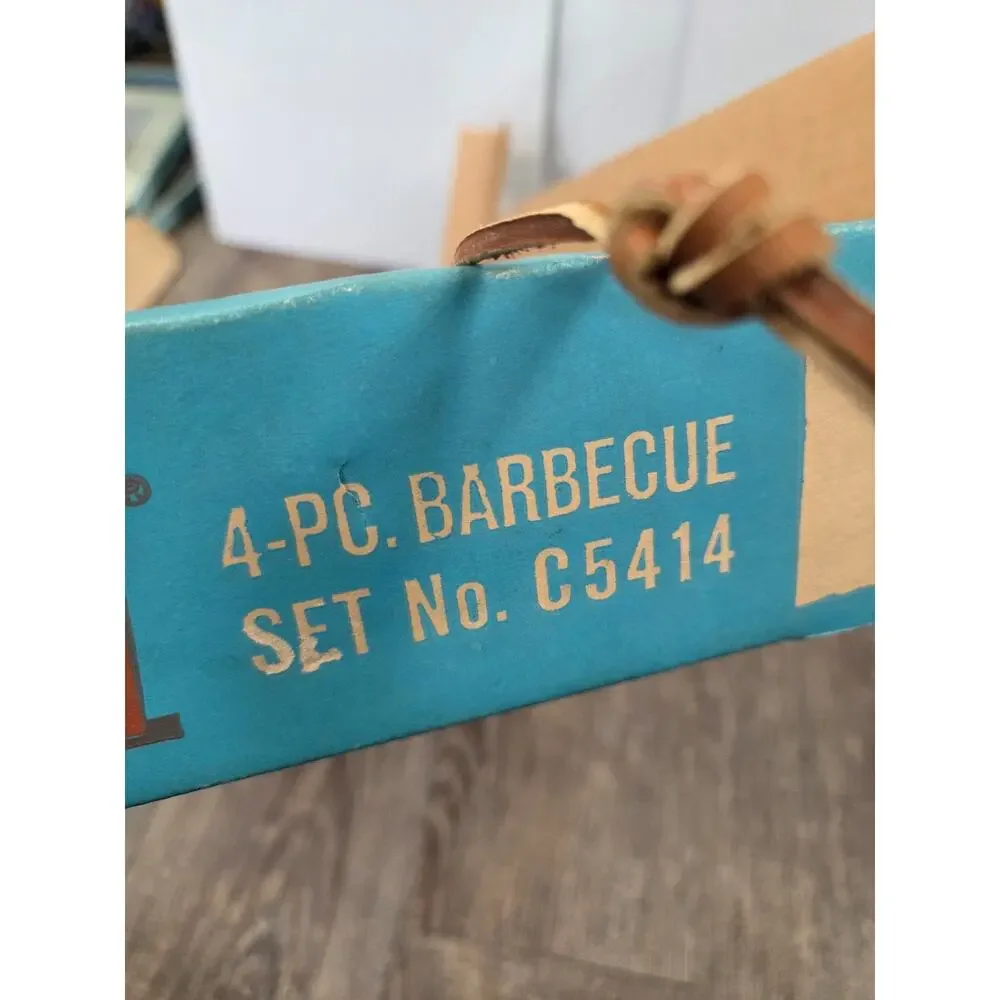 Vintage Ekco Barbecue 4 Pc Tool Set New In Box Fork Brush Turner Wood Handles
